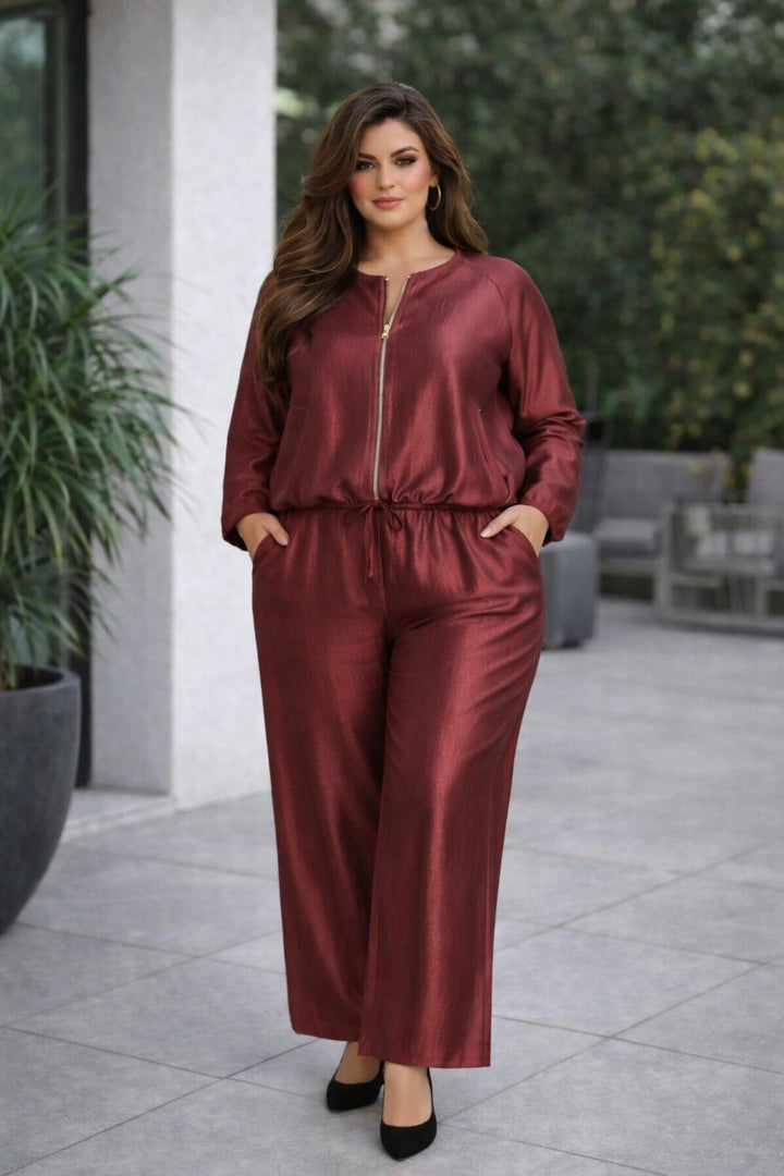 Glanzende Bordeauxkleurige Broek met Elastische Taille