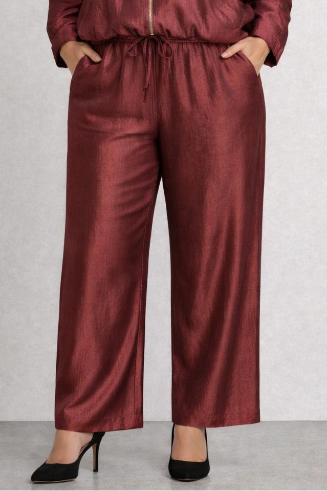 Glanzende Bordeauxkleurige Broek met Elastische Taille