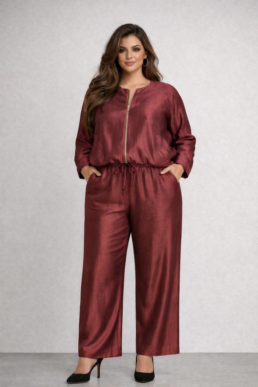 Glanzende Bordeauxkleurige Broek met Elastische Taille